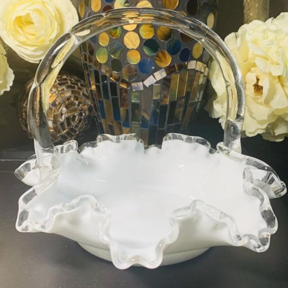 Vintage Fenton milk glass ruffle glass handle. Candy Bridal dish